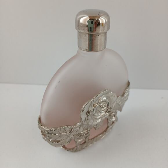 Vintage Silvestri Pink Frosted Glass & Pewter Rose Perfume Bottle 3.75" - Empty - Picture 5 of 10